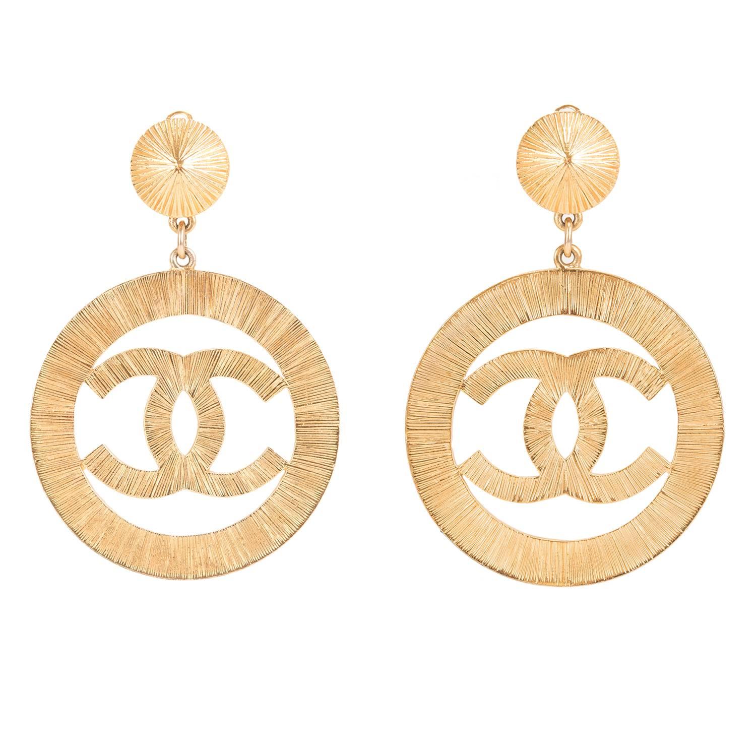 Chanel Vintage CC Sunburst Icon Hoop Logo Earrings