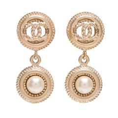 Chanel Light Gold Logo And Pearl Drop Pierced Earrings