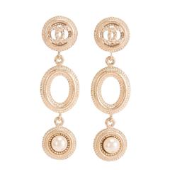 Chanel Light Gold Logo And Pearl Dangling Pierced Earrings