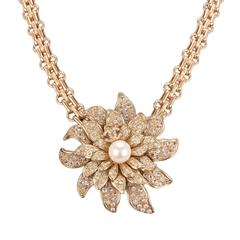 Chanel Gold Crystal and Pearl Camellia Flower Pendant Choker