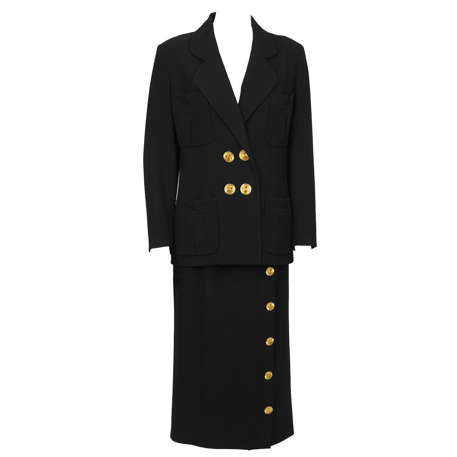 1980’s Chanel Black Maxi Skirt Suit with Clover Leaf Buttons