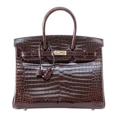 HERMES BIRKIN 35 Bag Chocolate Brown Porosus Crocodile Palladium Very Rare