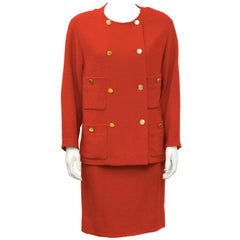 1980’s Chanel Red Double-Breasted Boucle Skirt Suit