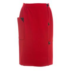 Courreges Red Wool - Cashmere Skirt With Leather Buttons, circa 1970's
