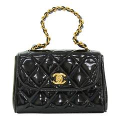 Chanel 7" Black Patent Quilted Leather MIni Party Bag