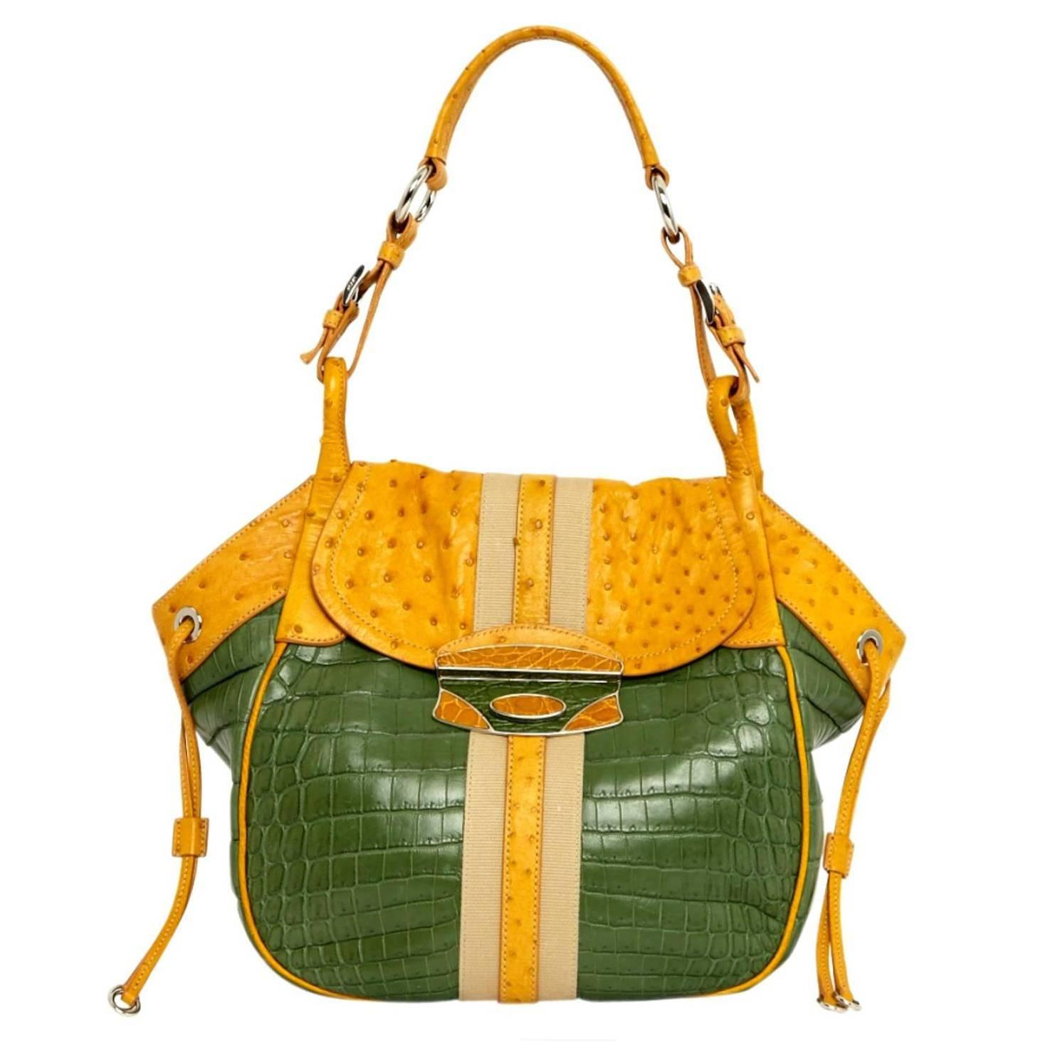 Prada Green Alligator & Yellow Ostrich Skin Handbag