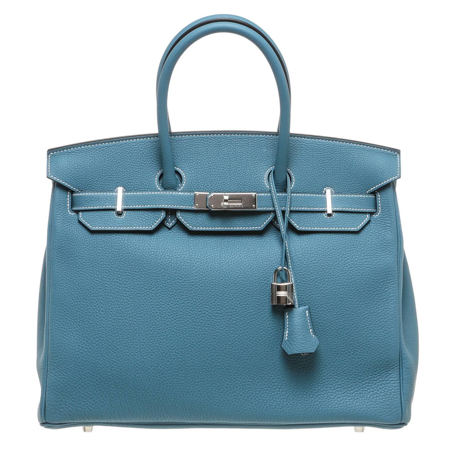 Hermes Bleu Jean Togo Leather Birkin 35cm Handbag SHW For Sale