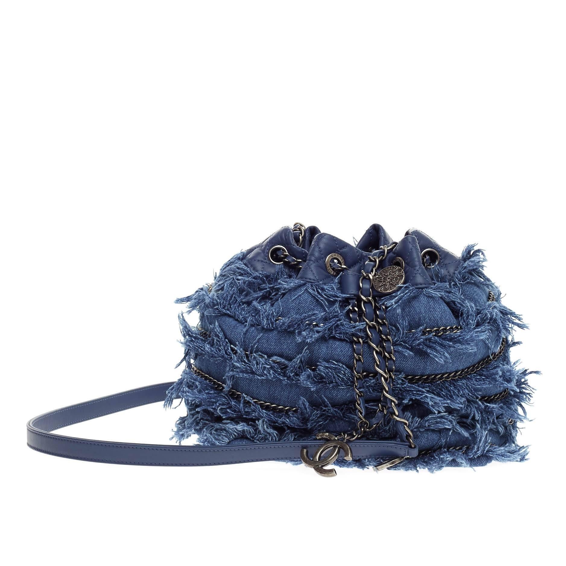 Chanel Drawstring Charm Bucket Bag Fringe Denim