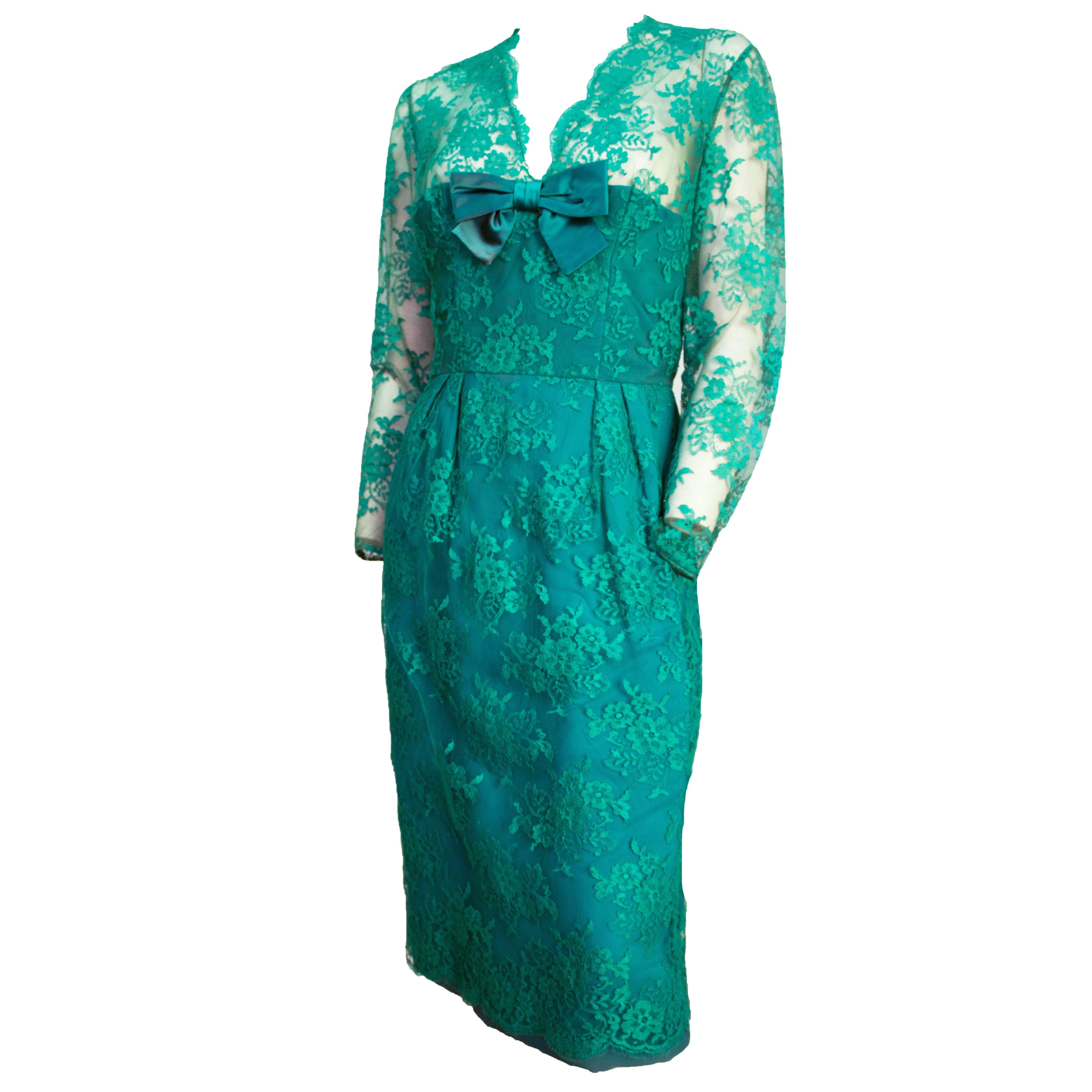 60s Green Lace Illusion Cocktail Dress  For Sale