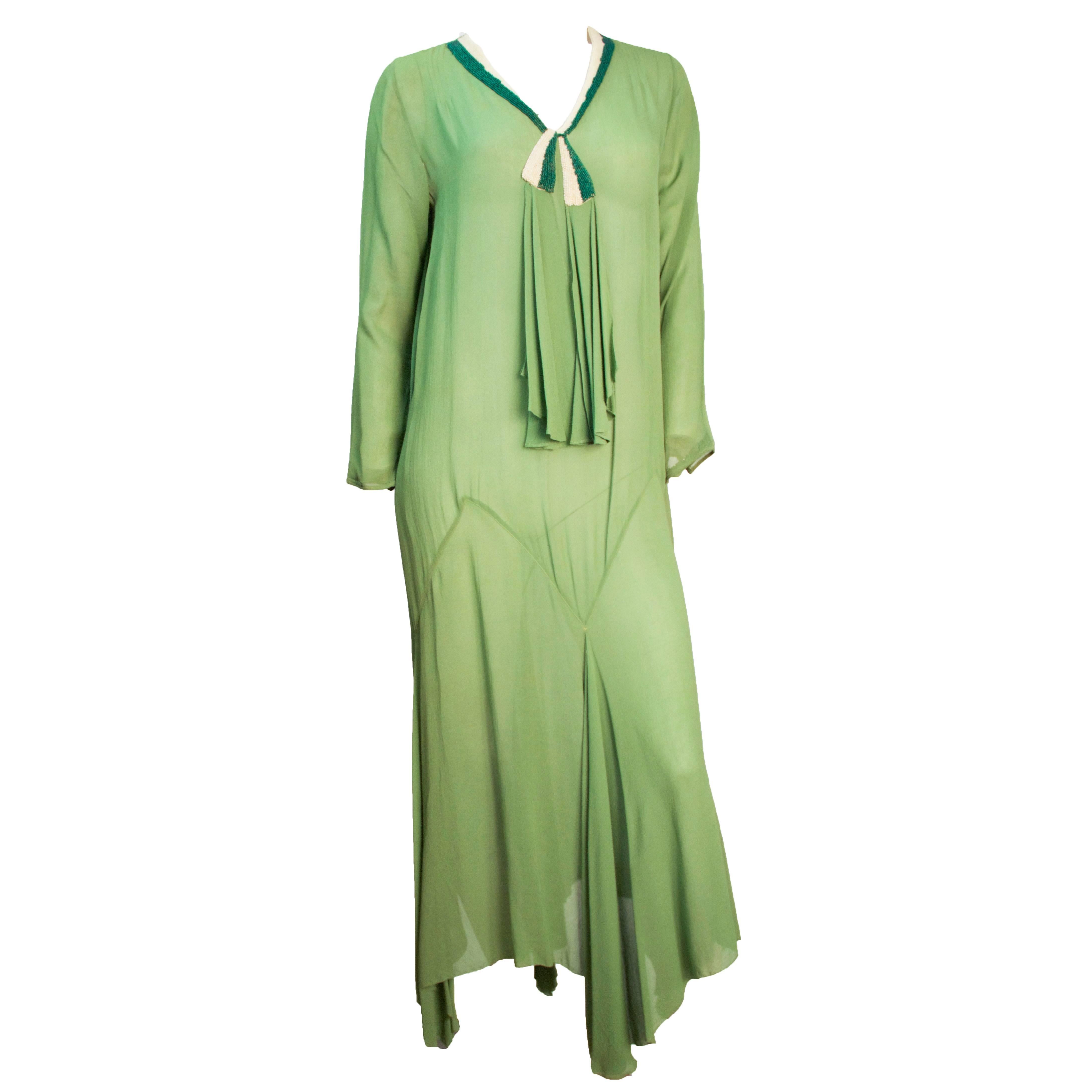 20s Trompe L'oeil Long-sleeved Moss green Chiffon Dress  For Sale