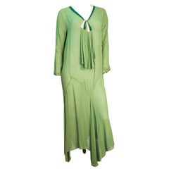 20s Trompe L'oeil Long-sleeved Moss green Chiffon Dress