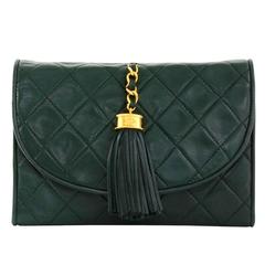 Chanel Dark Green Quilted Leather Fringe Mini Clutch Bag