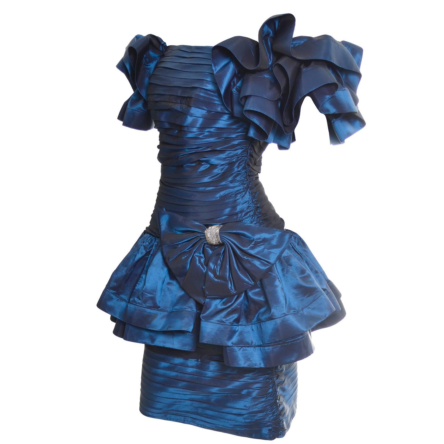 Tadashi Shoji1980s Vintage Dress Off Shoulder Ruffles Blue Iridescent Satin Bow