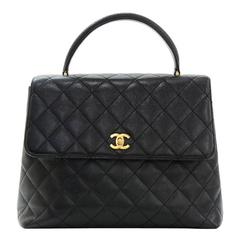 Vintage Chanel 12" Kelly Style Black Quilted Caviar Leather Hand Bag