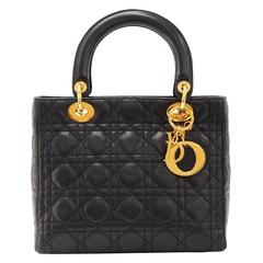 Retro Christian Dior Lady Dior 10" Black Quilted Cannage Leather Hand Bag + Strap