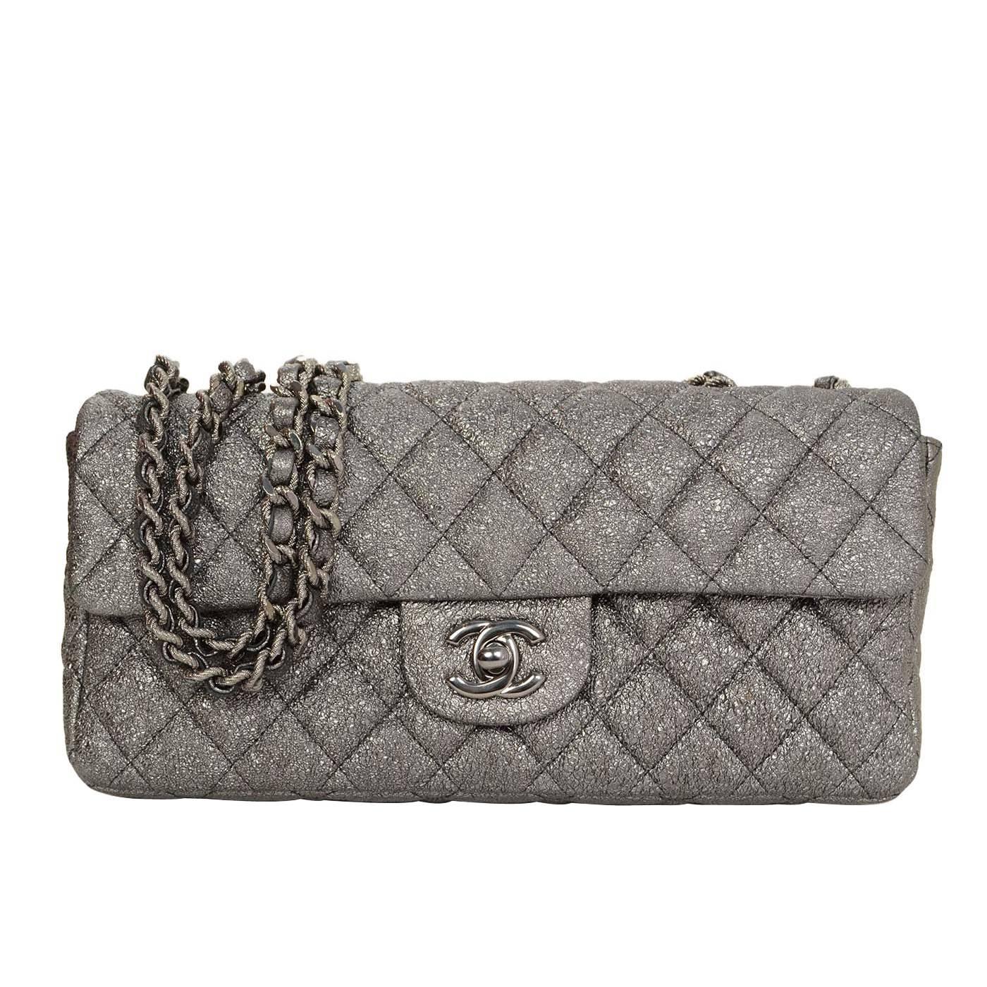 Chanel Silver Textured Quilted East/West Flap Bag