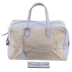 BATTISTONI Beige Canvas & Light Blue Leather TRAVEL BAG Carry On WEEKENDER 8