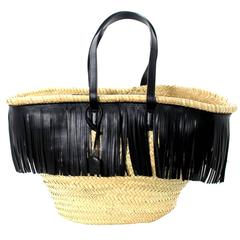 Saint Laurent Panier Straw Tote Bag with Black Leather Fringe