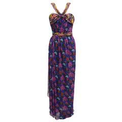John Galliano V Halter Strapped Chiffon Floral Dress