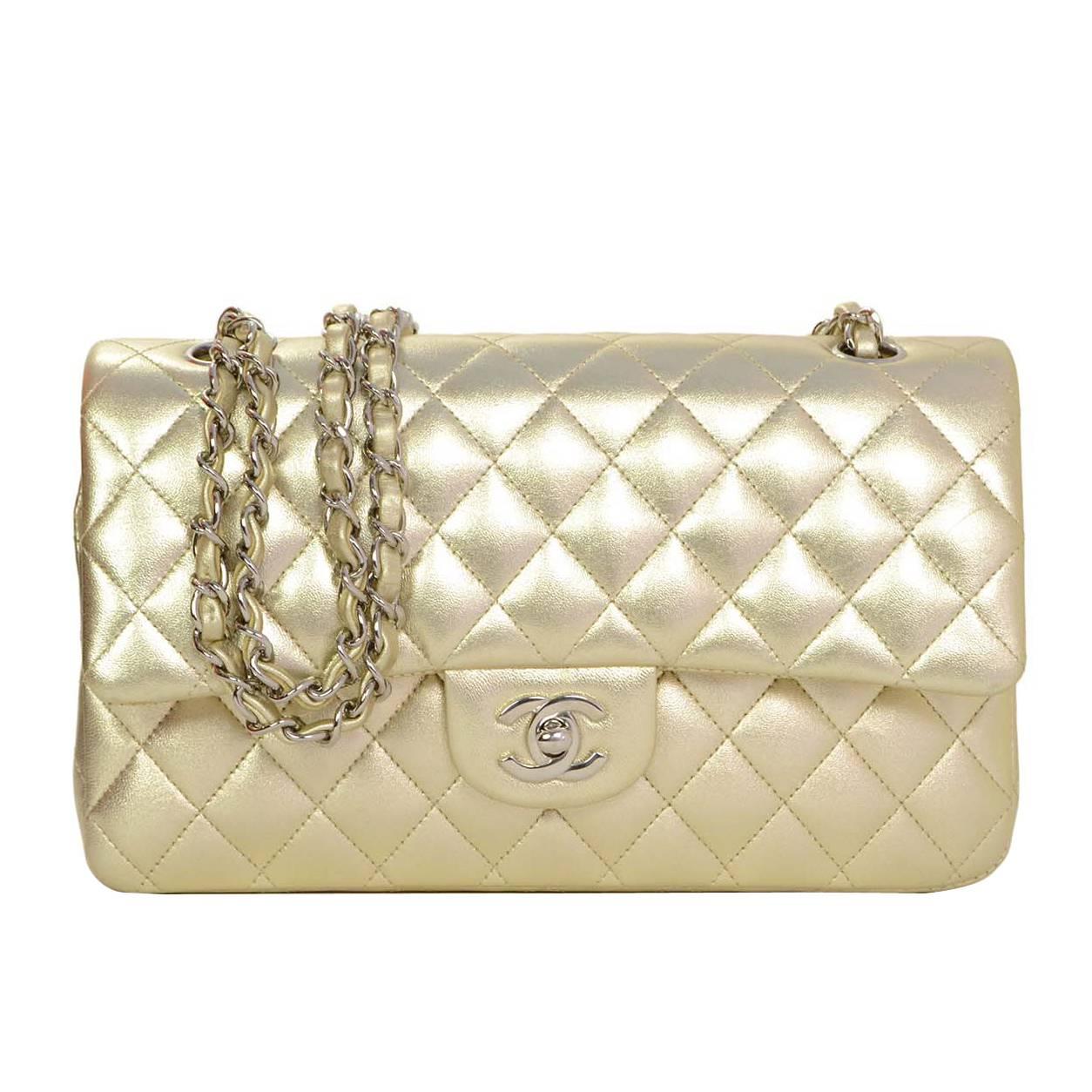 Chanel Gold Quilted Lambskin Medium 10" Double Flap Classic Bag with SHW