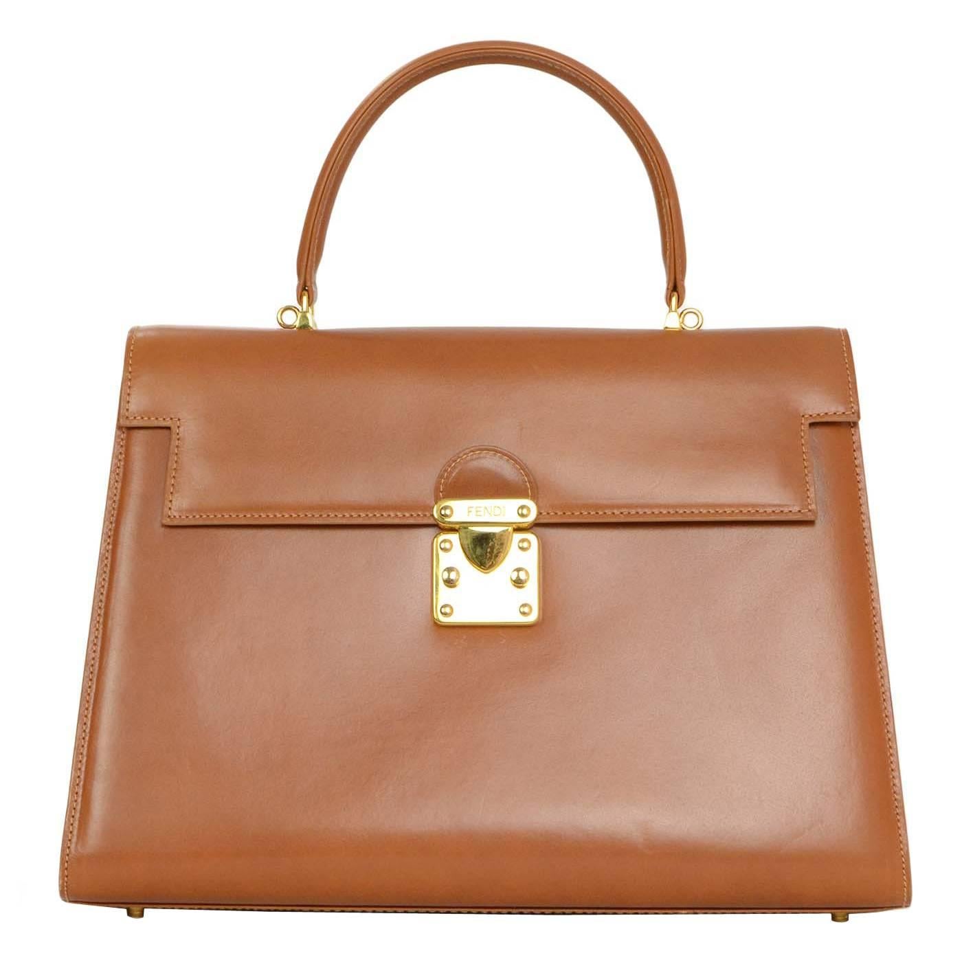 Fendi Vintage Tan Leather Kelly Style Handle Bag w/ Strap GHW (Sac à main en cuir style Kelly)