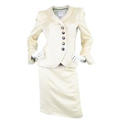 Armani Collezioni Two Piece Ivory Satin Asymmetrical Silk Blend Skirt Suit