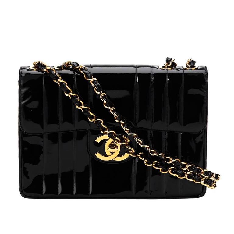 1990s Chanel Black Vertical Quilted Patent Leather Vintage Jumbo XL