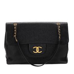 1990s Chanel Black Caviar Leather Vintage Jumbo XXL Flap Bag