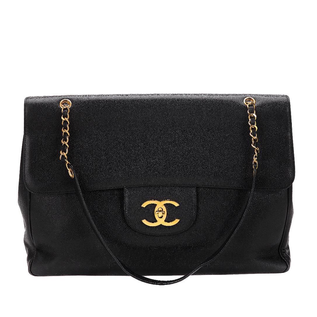 1990s Chanel Black Caviar Leather Vintage Jumbo XXL Flap Bag at 1stdibs