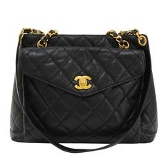 Vintage Chanel 12" Black Quilted Caviar Leather Medium Shoulder Tote Bag