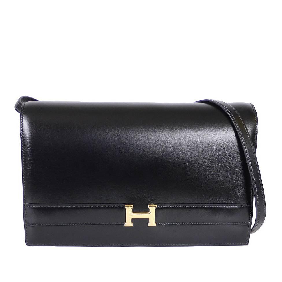 Vintage Hermes Black Box Calf Annie 2way Shoulder Clutch Bag 1980s