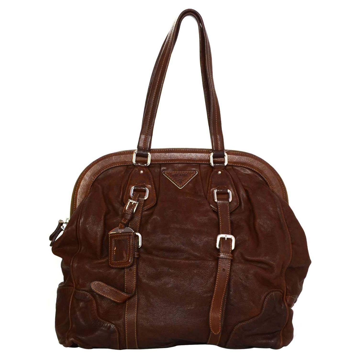 Prada Brown Leather XL Frame Shoulder Bag with SHW