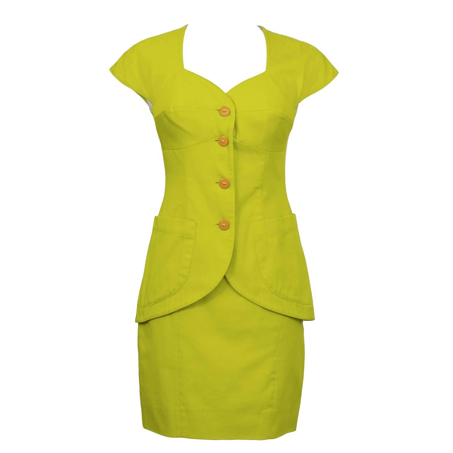 1980's Byblos Chartreuse Cotton Short Sleeve Suit Set