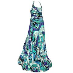 Emilio Pucci Draped Signature Print Silk Evening Gown Maxi Dress