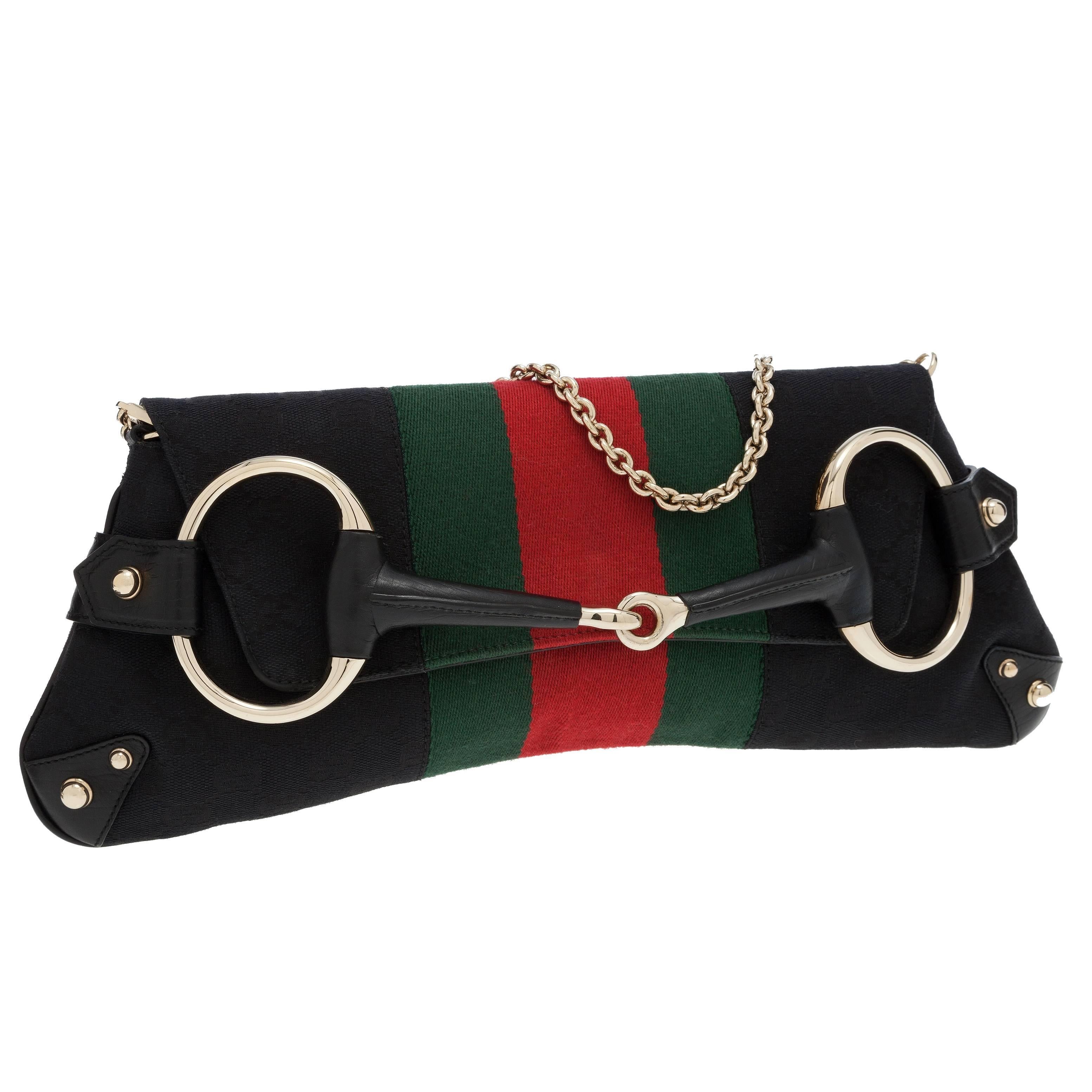 Black Gucci Monogram Canvas Stripe Horsebit Clutch Purse