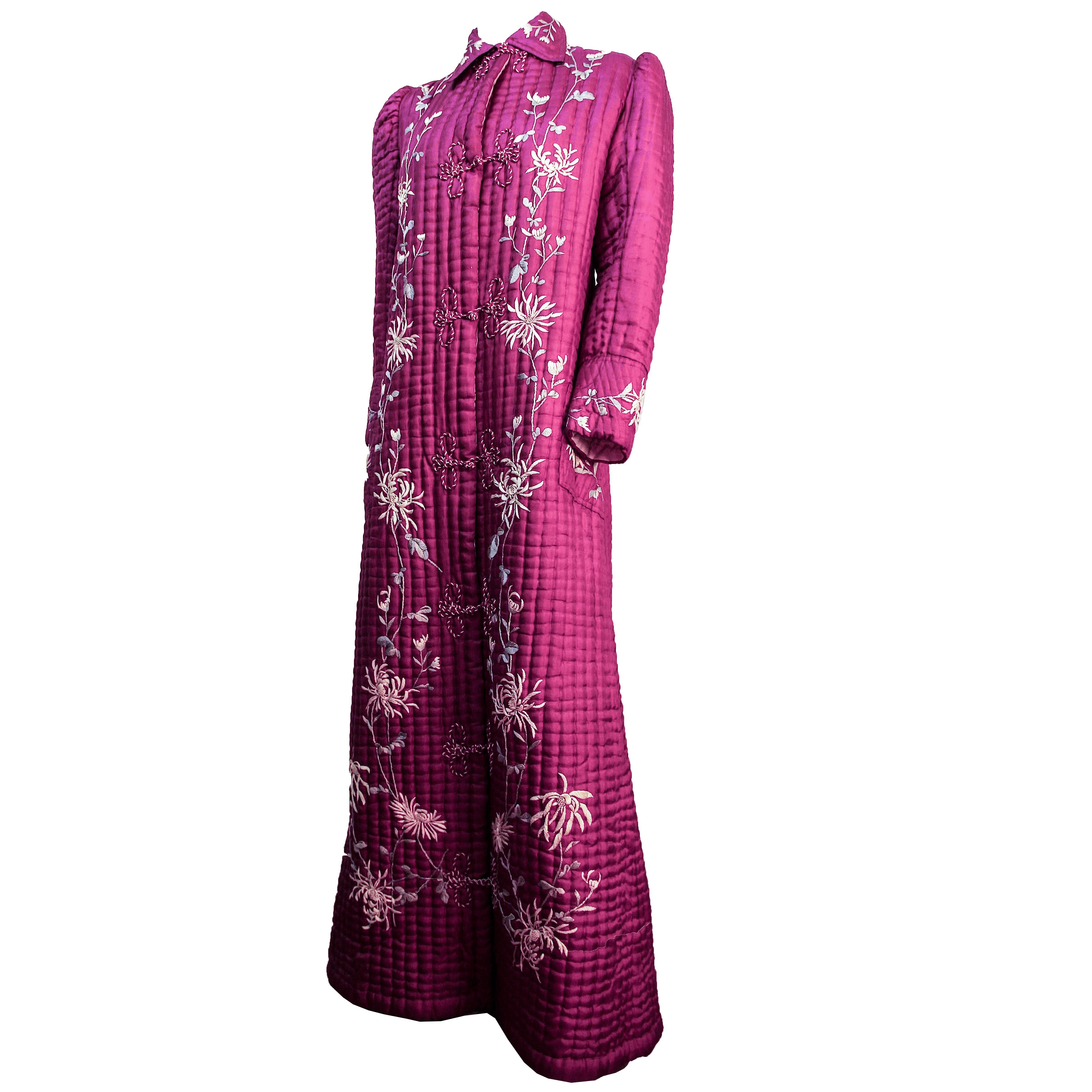 Edwardian Quilted Magenta Embroidered Robe  For Sale