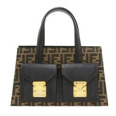 Fendi Tobacco Zucca Spalmati x Black Leather Hand Bag