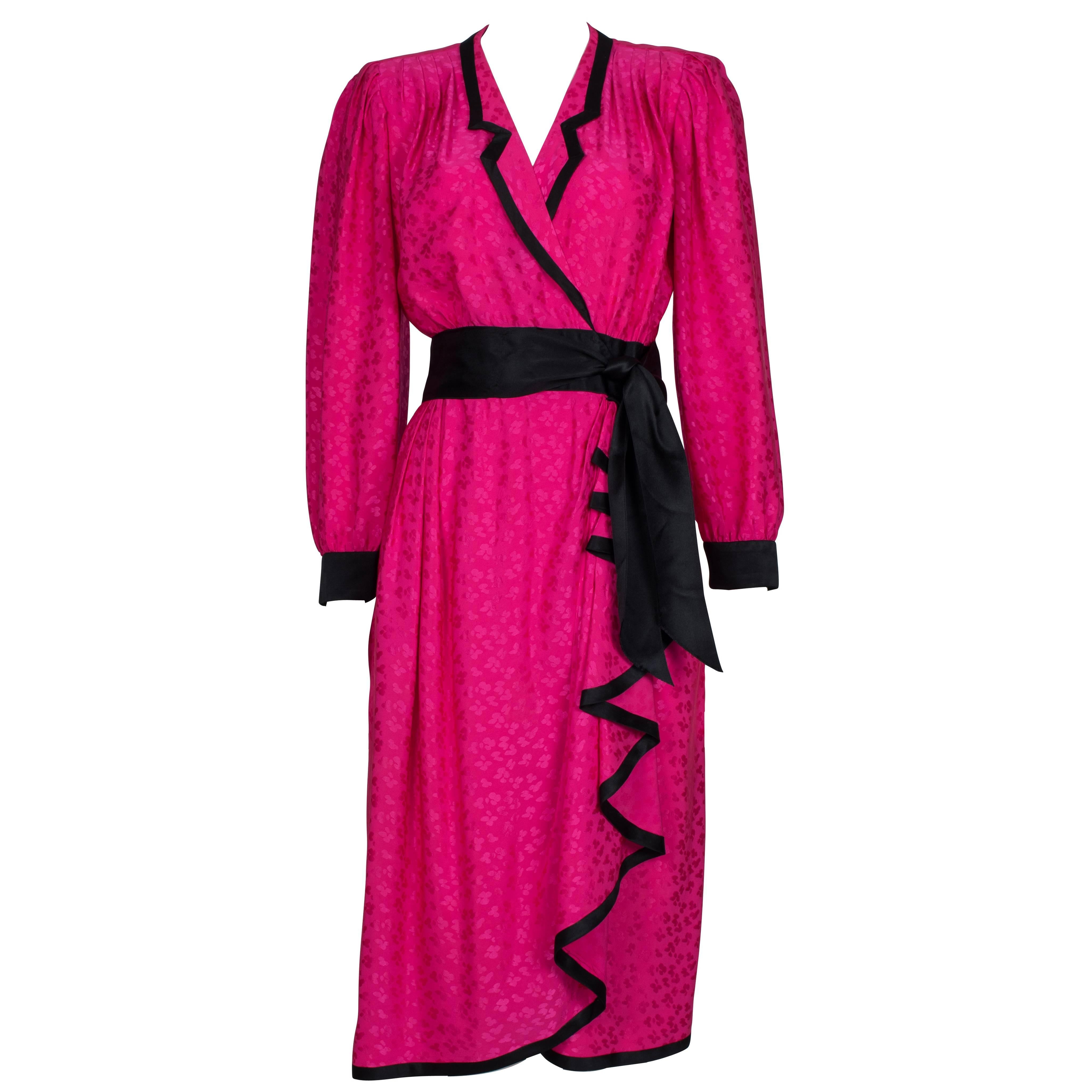 Emanuel Ungaro Hot Pink Silk Wrap Dress ca 1980 For Sale
