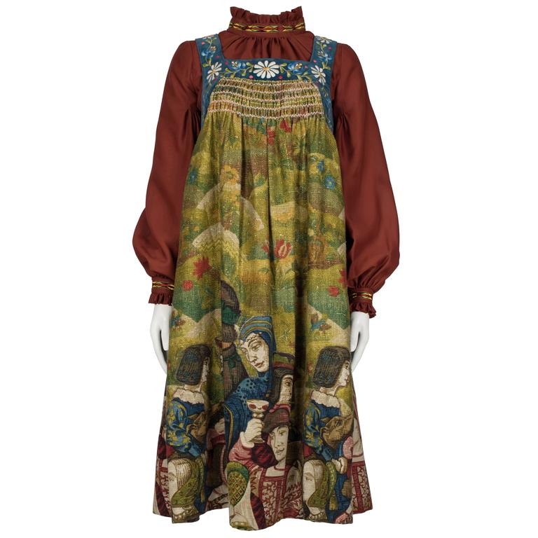 1970 Bill Gibb Baccarat Renaissance Pinafore Dress With Terracotta Shirt For Sale
