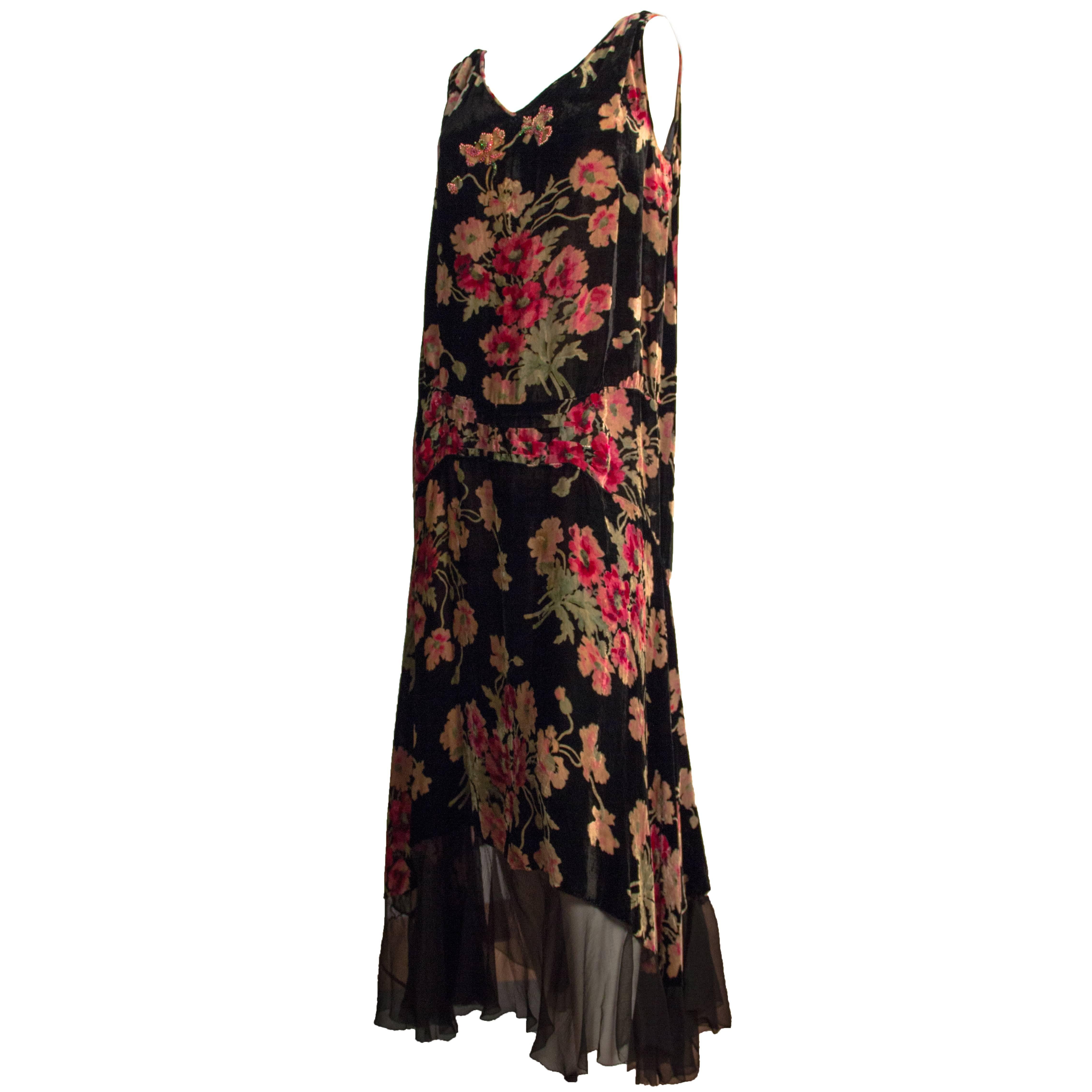 20s Velvet Floral Printed Drop Waist Dress  For Sale