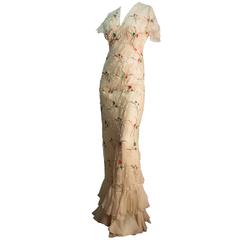 30s Cream Bias Cut Dress with Floral Embroidery and Slip