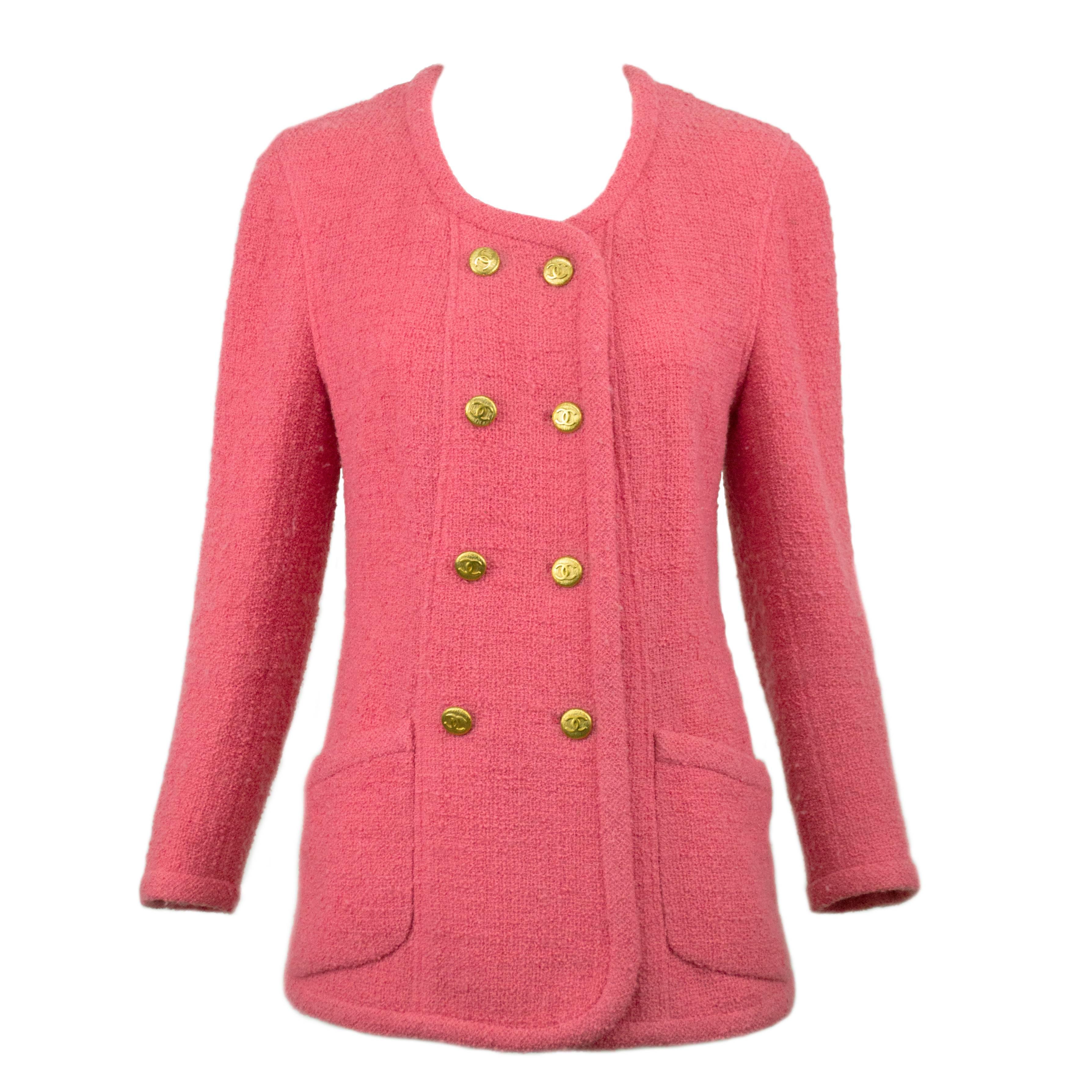 Chanel Pink Boucle Double Breasted Jacket 40