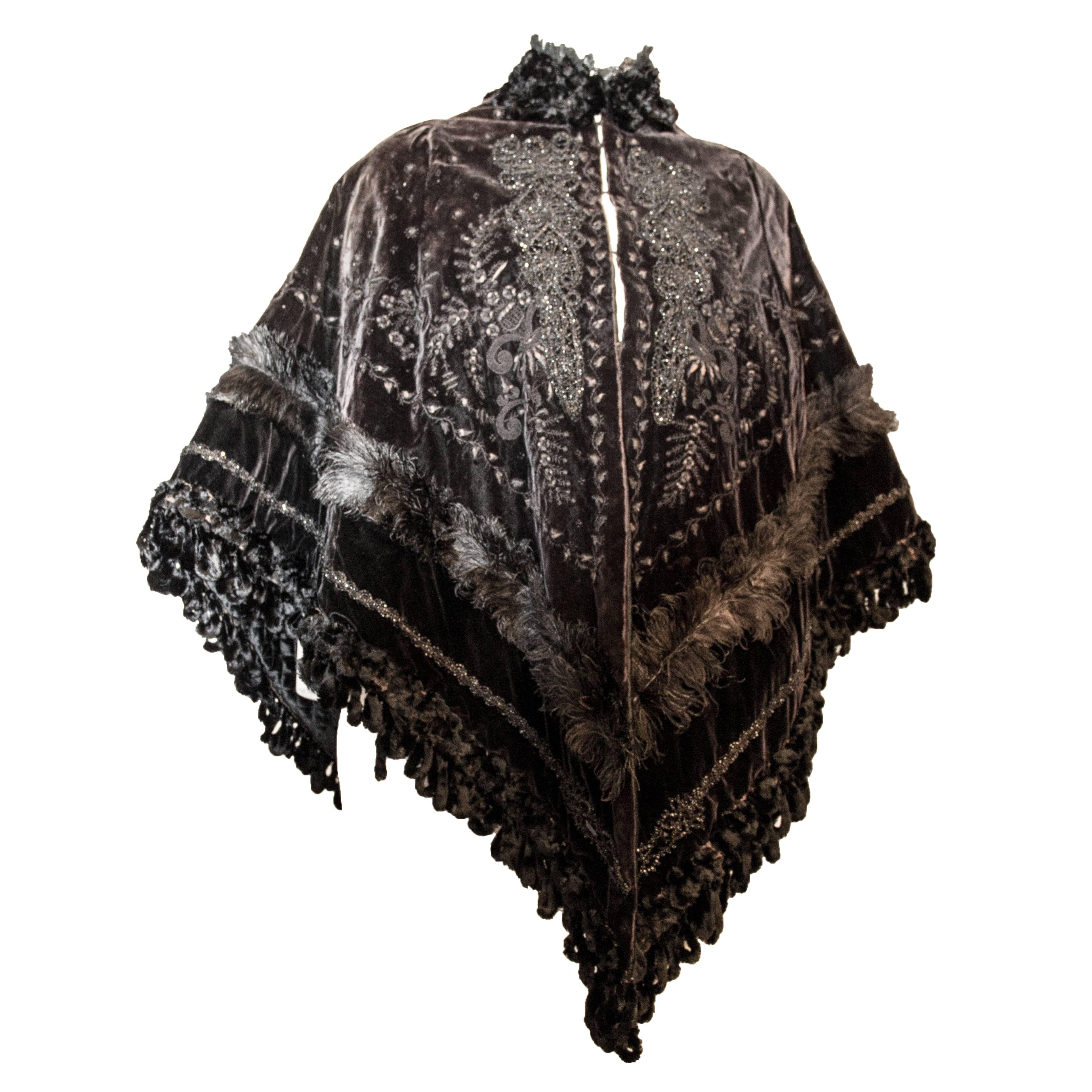 Victorian Velvet Cape with Beaded and Feather Trim For Sale