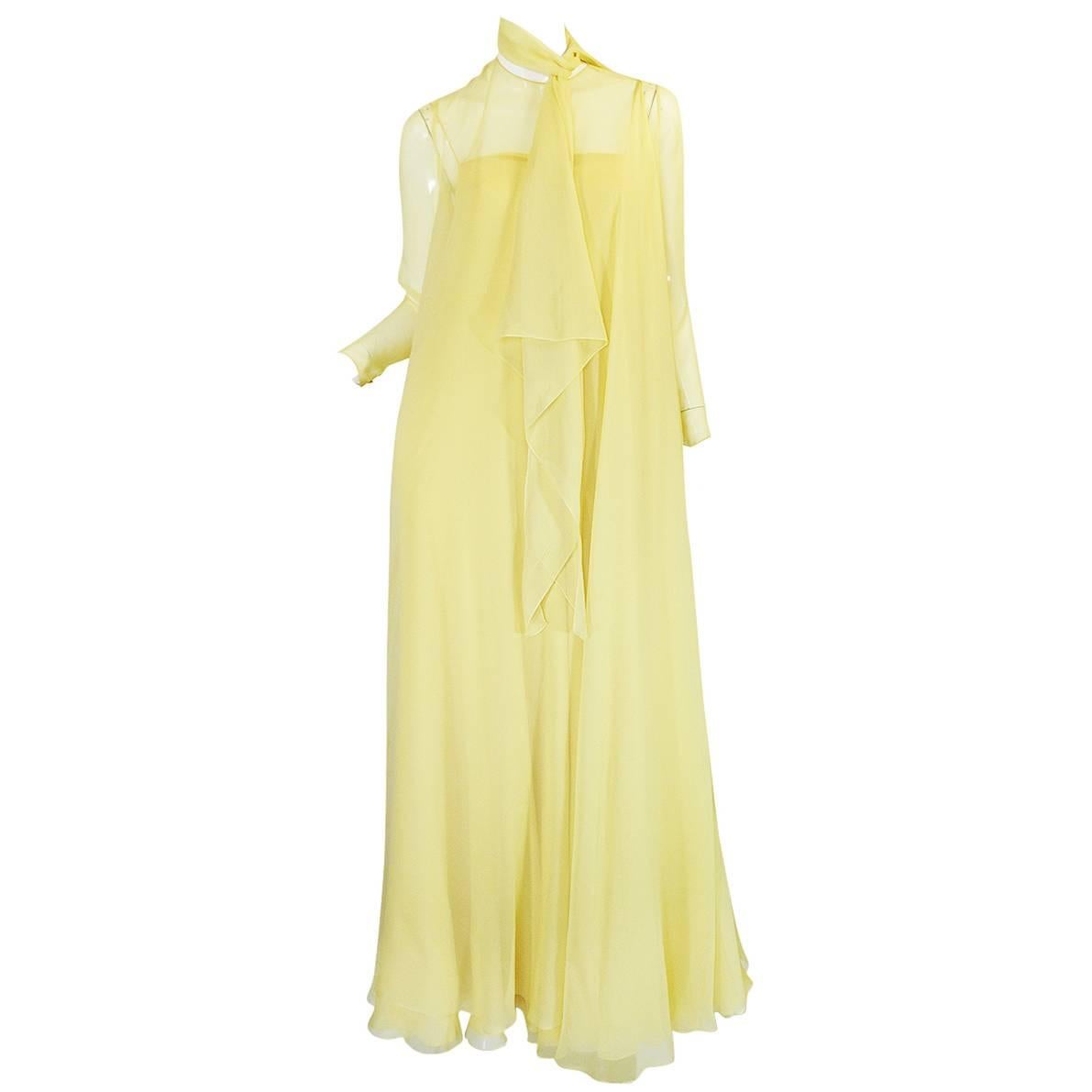 1970s Yellow Silk Chiffon Stavropoulos Caftan Dress