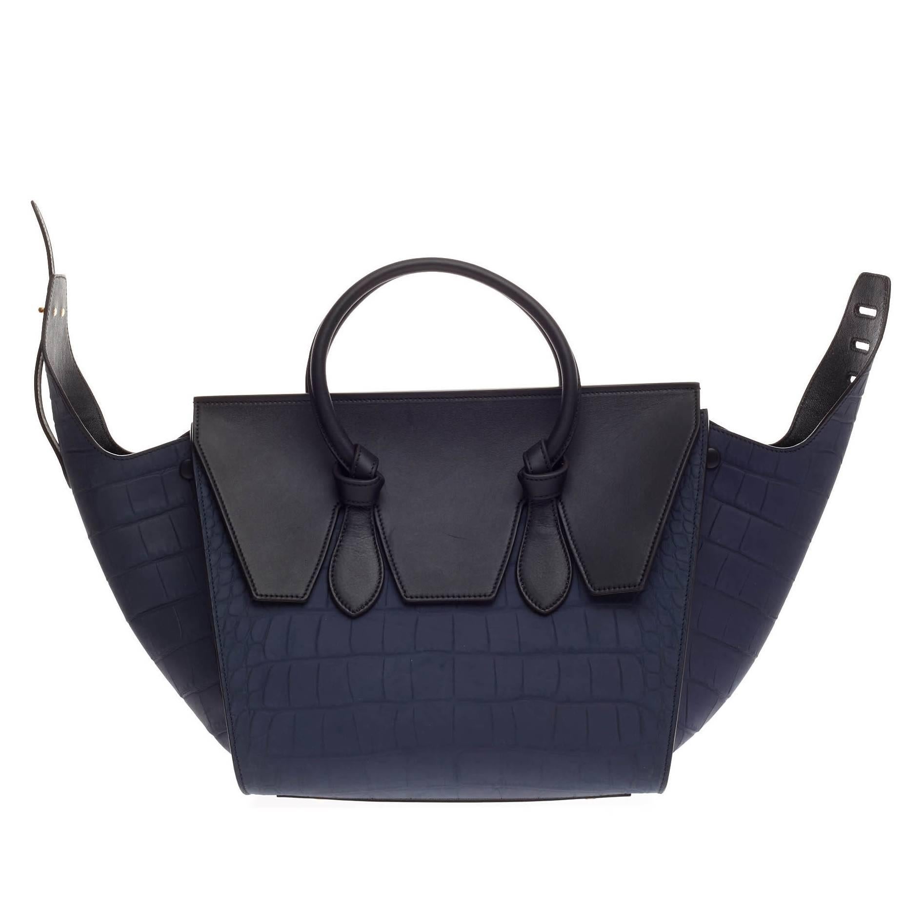Celine Tie Tote Crocodile Embossed Nubuck Small