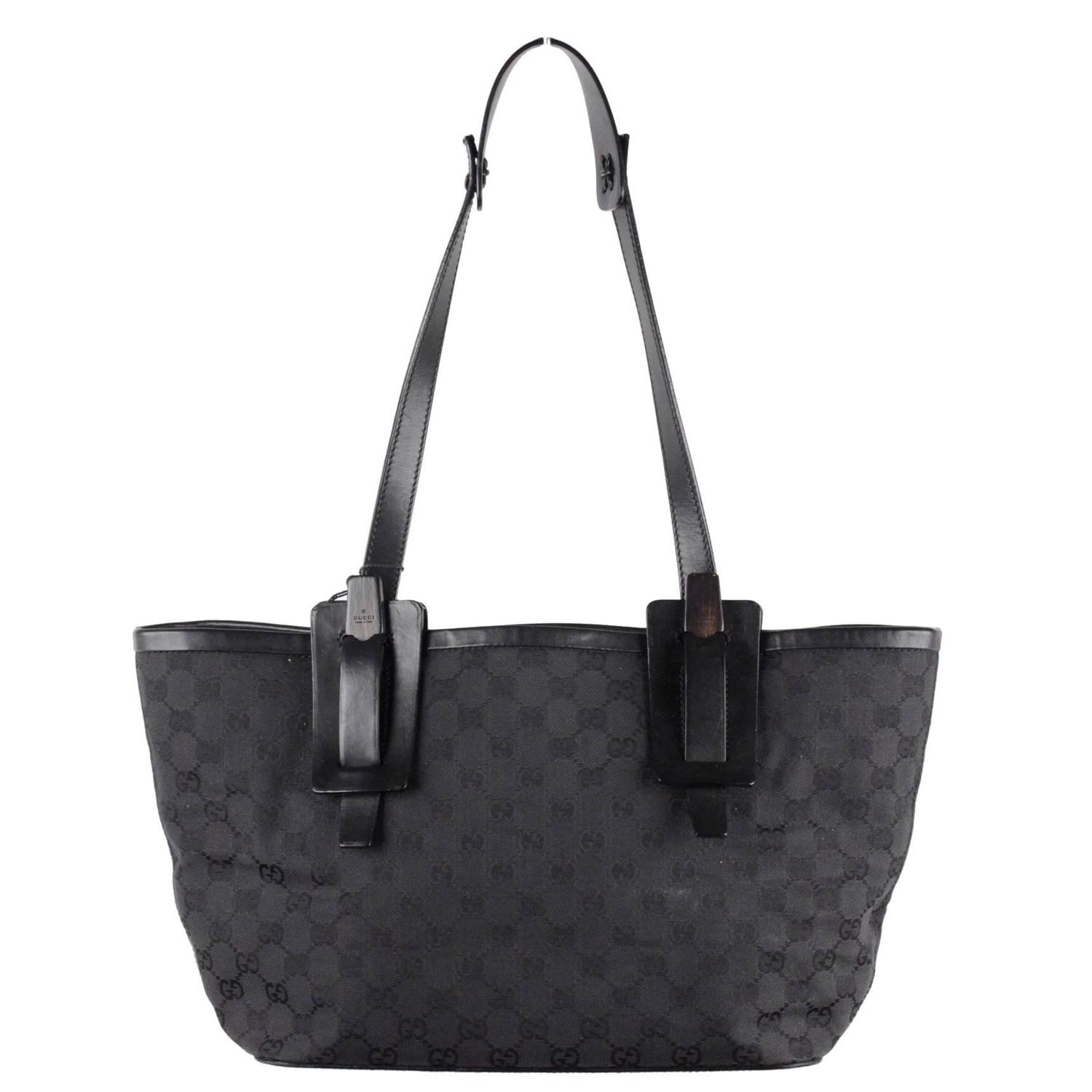 GUCCI Black GG MONOGRAM Canvas TOTE Shopping SHOULDER BAG Wood Accents For Sale at 1stdibs