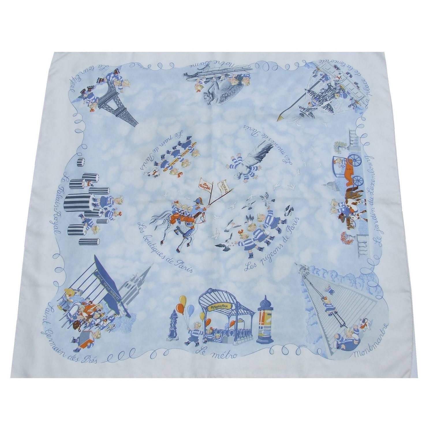 Hermes Silk Scarf Les Triples Triplets Lambert Blue 90 cm