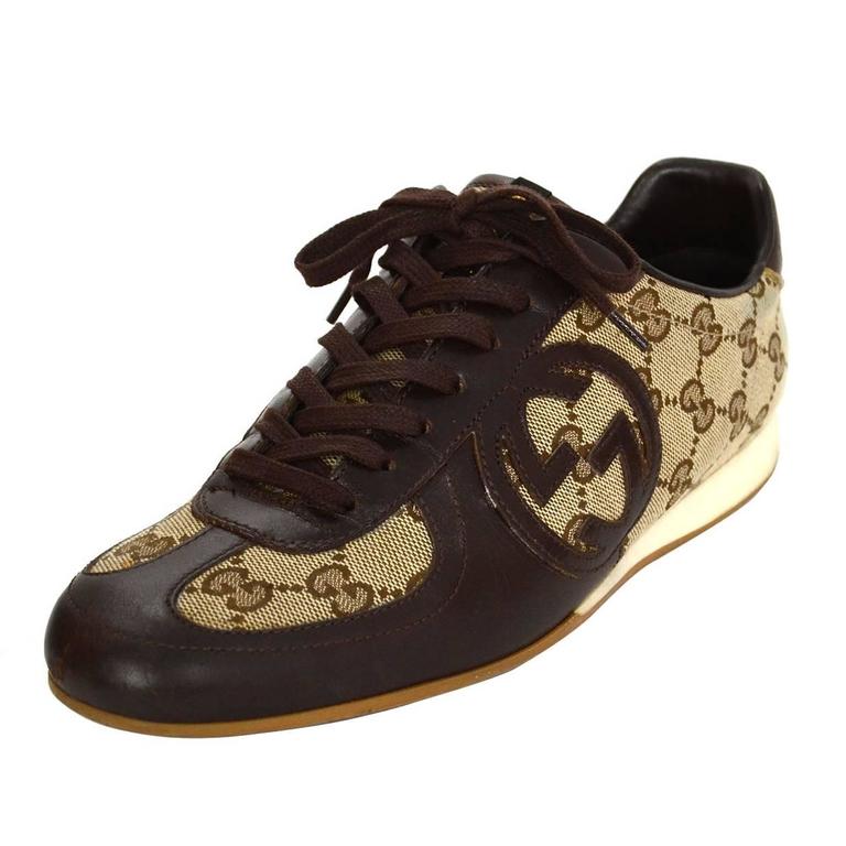 Gucci Brown Leather and Monogram Canvas Plus Sneakers sz 38 For Sale at 1stdibs