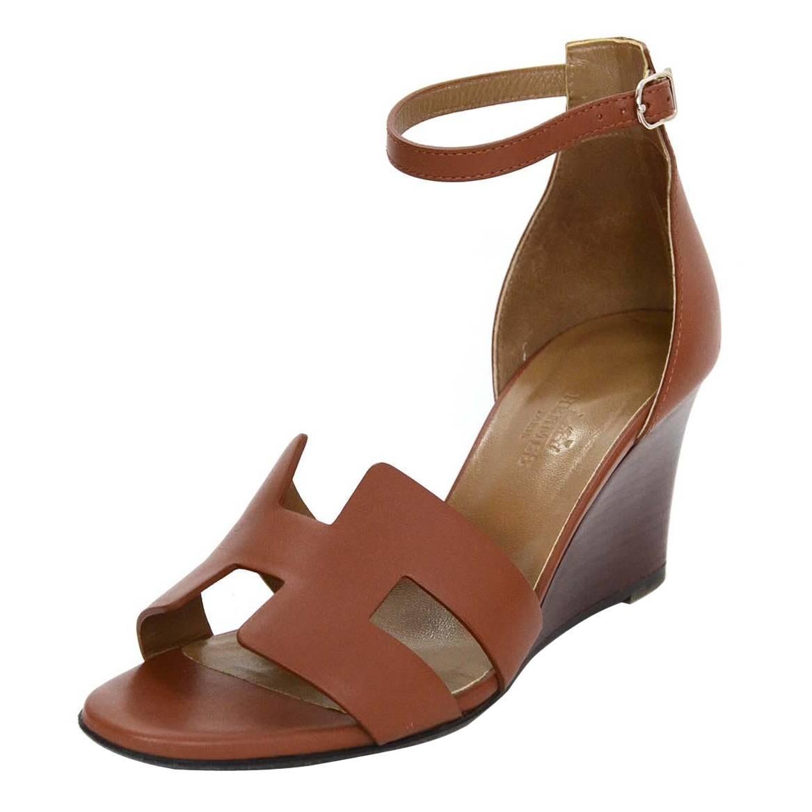 Hermes Tan Leather H Kessy Wedge Sandals sz 37