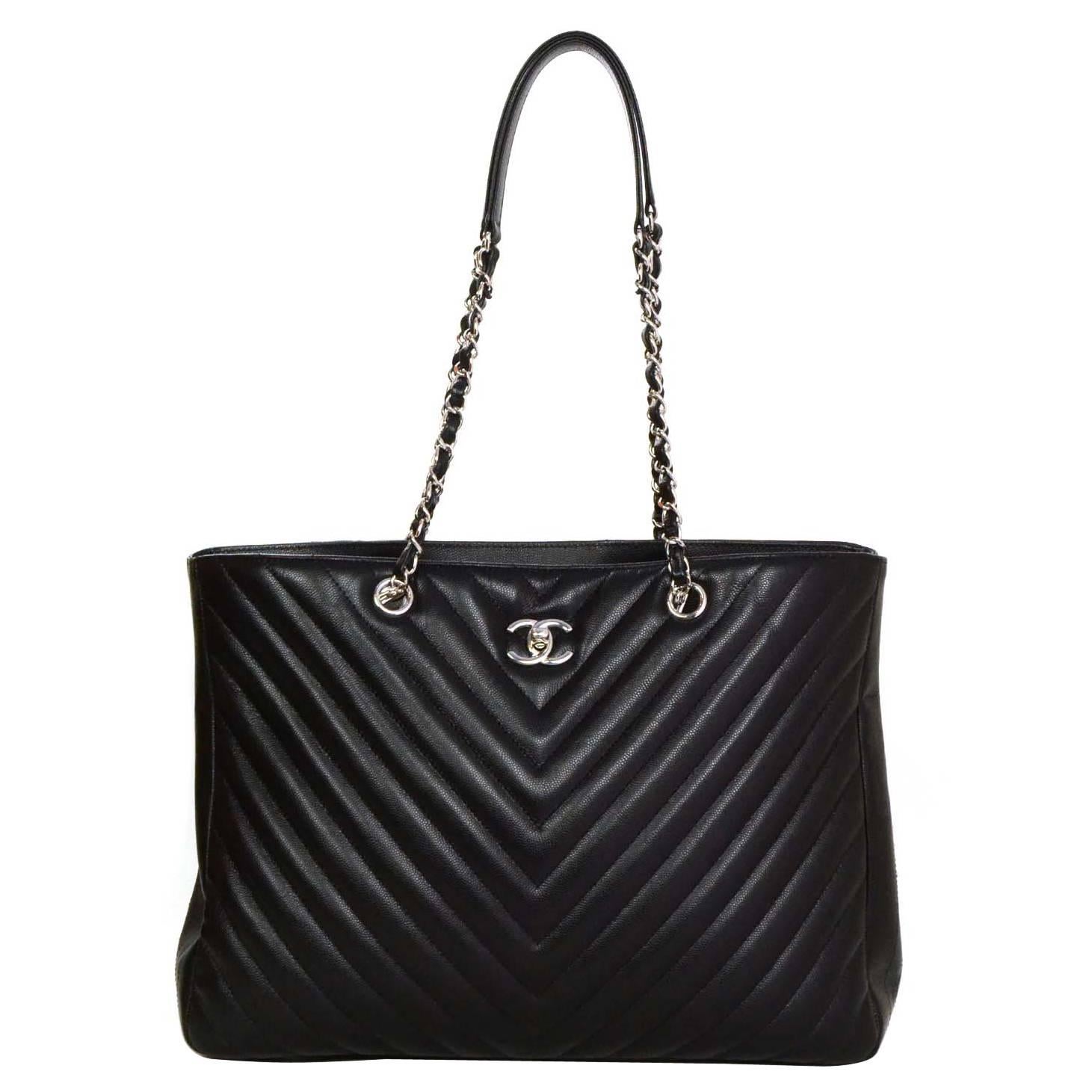 Chanel 2016 Black Chevron Grained Calfskin Tote Bag SHW